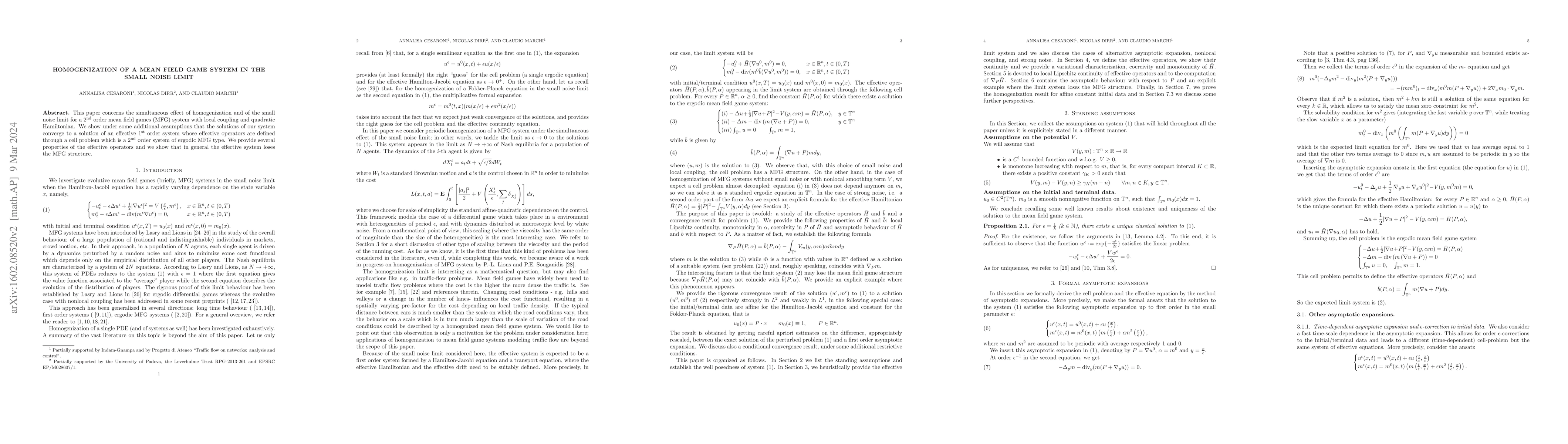 Thumbnail for Homogenization of a mean field game system in the small noise limit