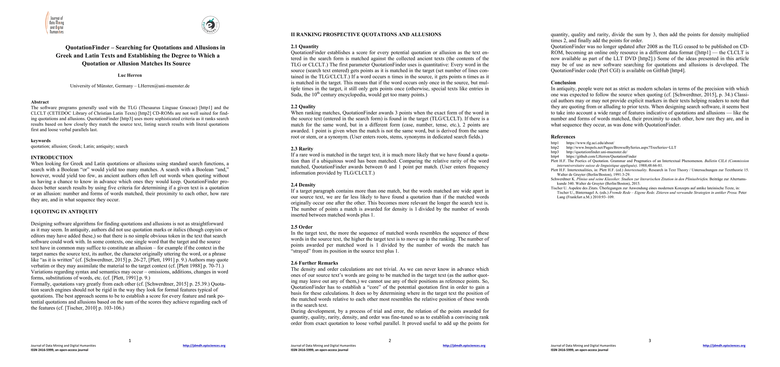 Thumbnail for QuotationFinder - Searching for Quotations and Allusions in Greek and
  Latin Texts and Establishing the Degree to Which a Quotation or Allusion
  Matches Its Source