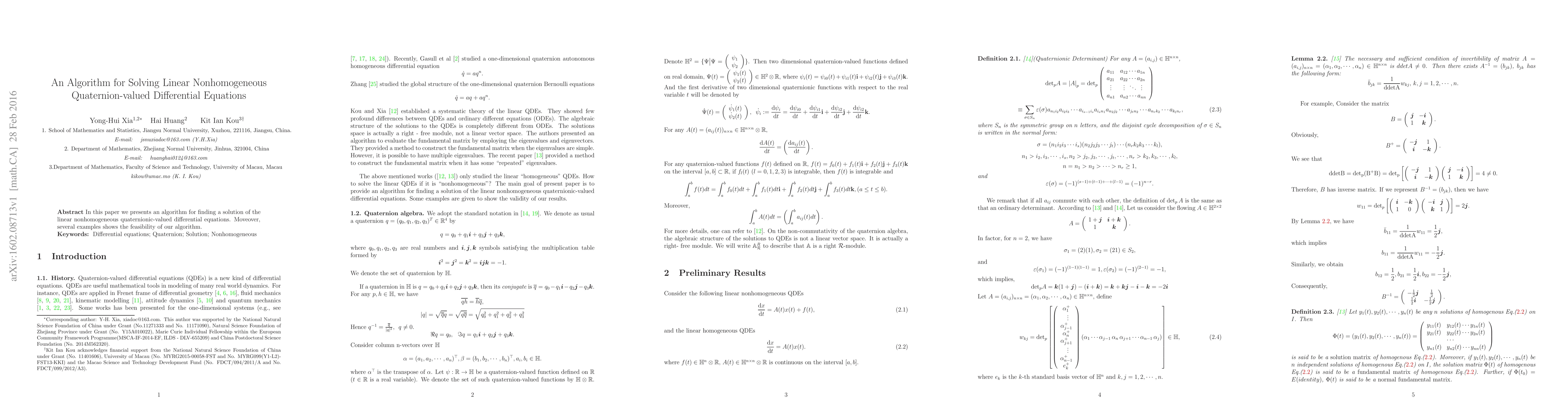 Thumbnail for An Algorithm for Solving Linear Nonhomogeneous Quaternion-valued
  Differential Equations