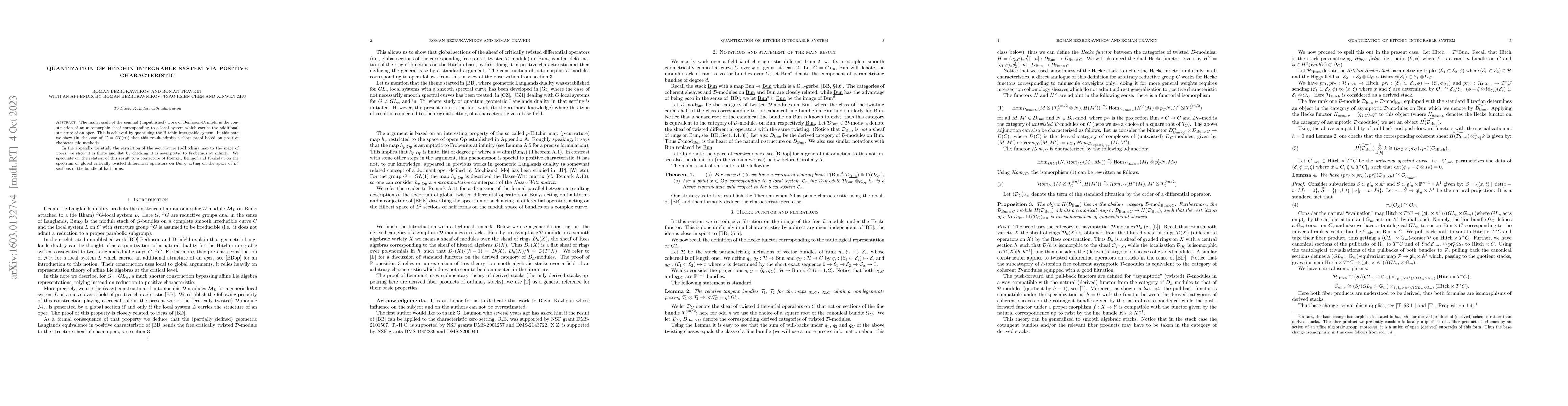 Thumbnail for Quantization of Hitchin integrable system via positive characteristic