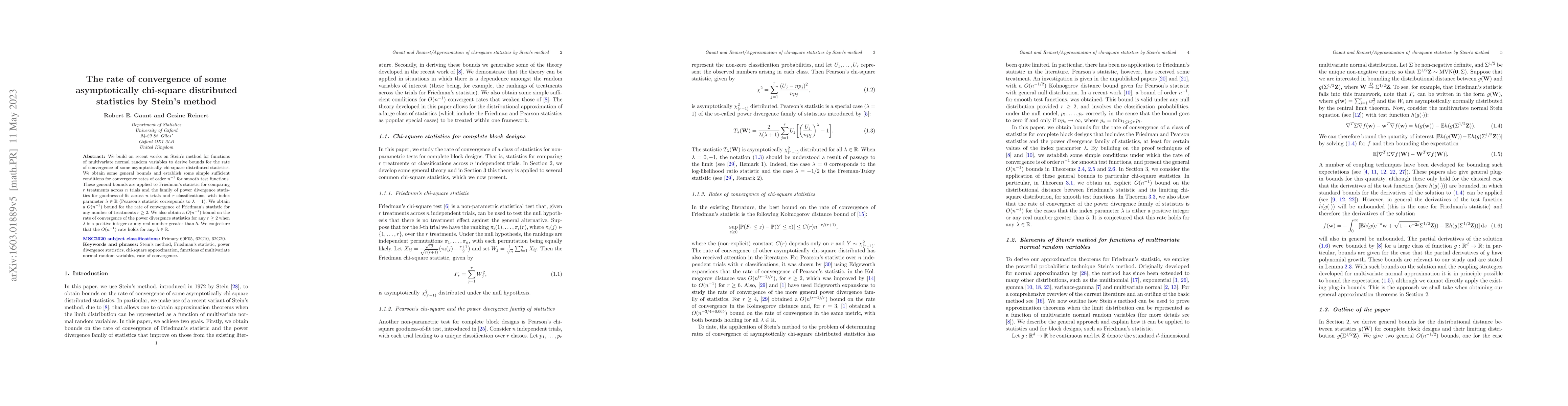 Thumbnail for The rate of convergence of some asymptotically chi-square distributed
  statistics by Stein's method