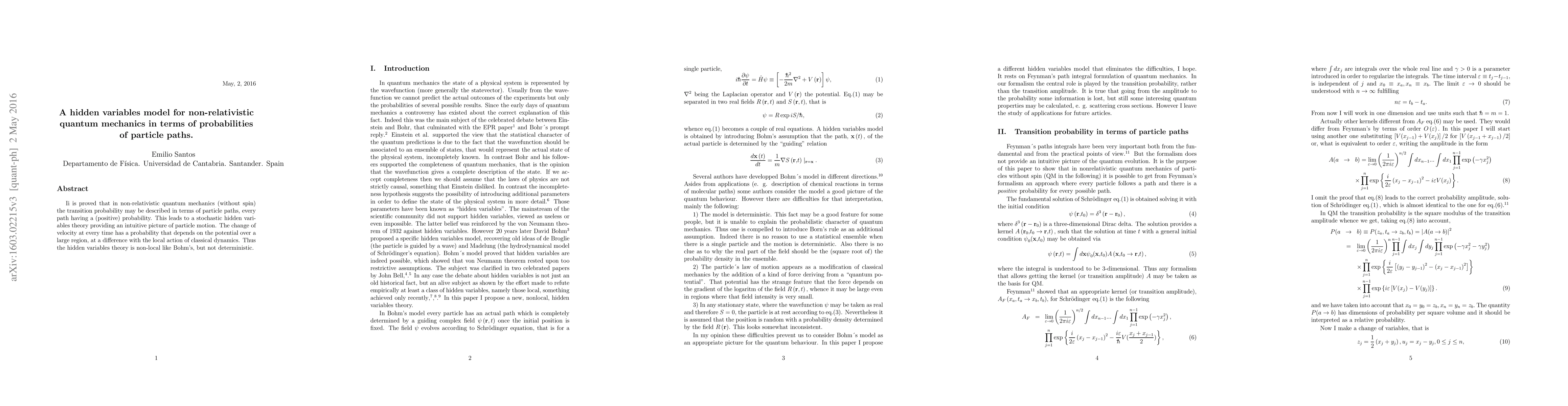 Thumbnail for A hidden variables model for non-relativistic quantum mechanics in terms
  of probabilities of particle paths