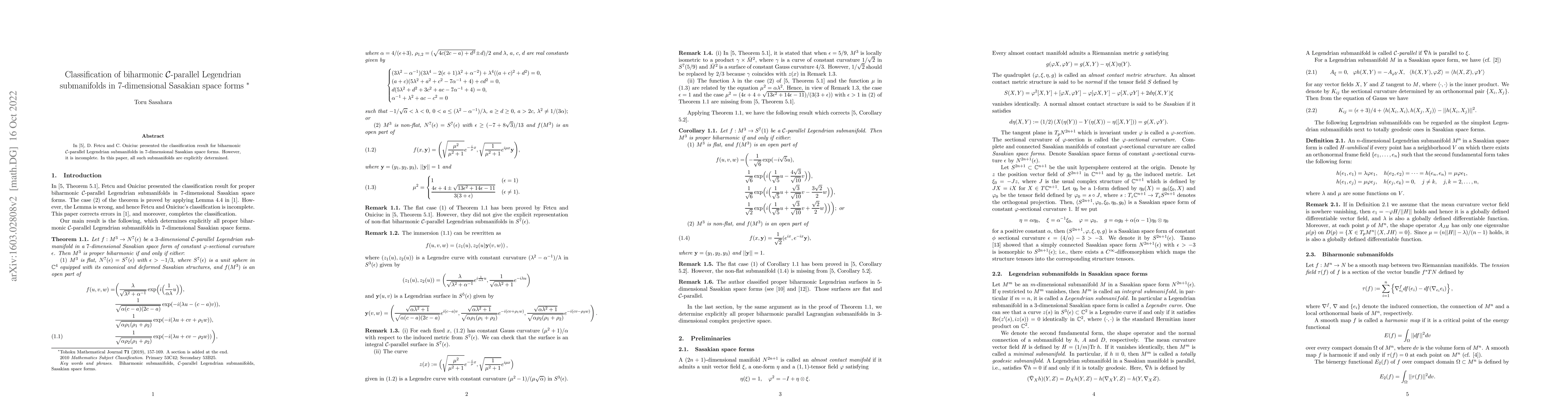 Thumbnail for Biharmonic C-parallel Legendrian submanifolds in 7-dimensional Sasakian
  space forms