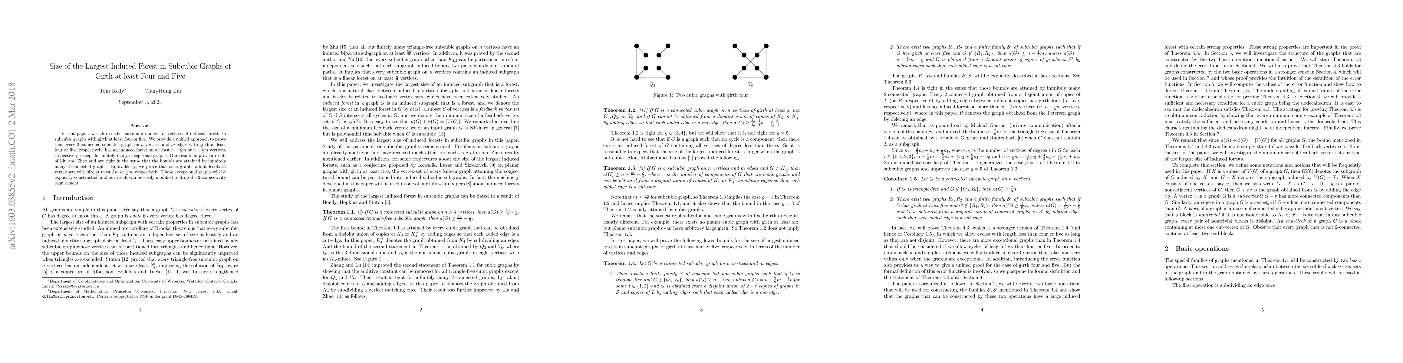 Thumbnail for Size of the Largest Induced Forest in Subcubic Graphs of Girth at least
  Four and Five