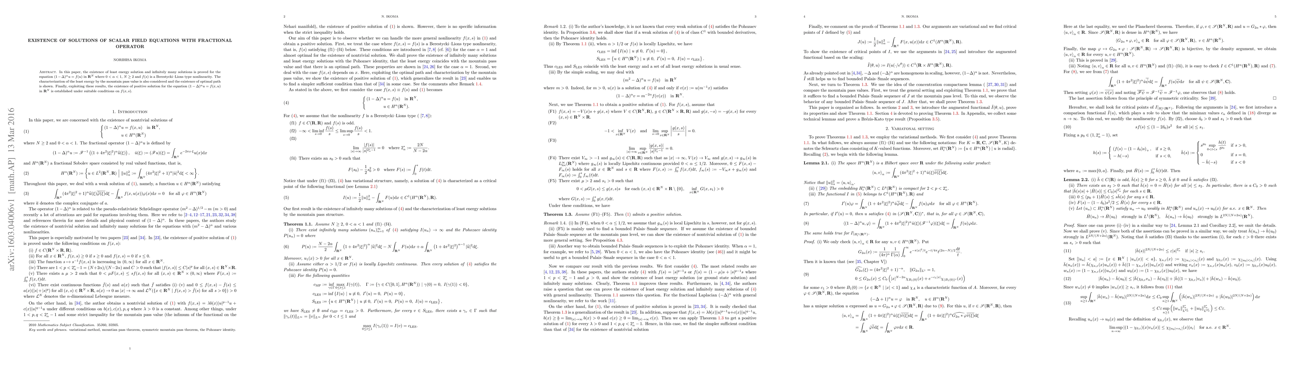 Thumbnail for Existence of solutions of scalar field equations with fractional
  operator