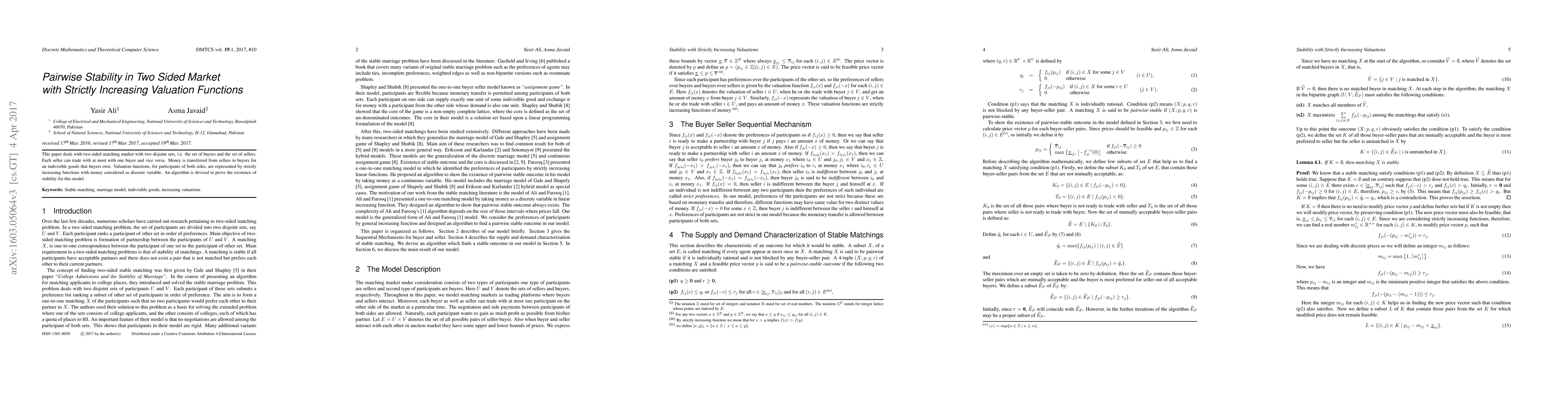 Thumbnail for Pairwise Stability in Two Sided Market with Strictly Increasing
  Valuation Functions