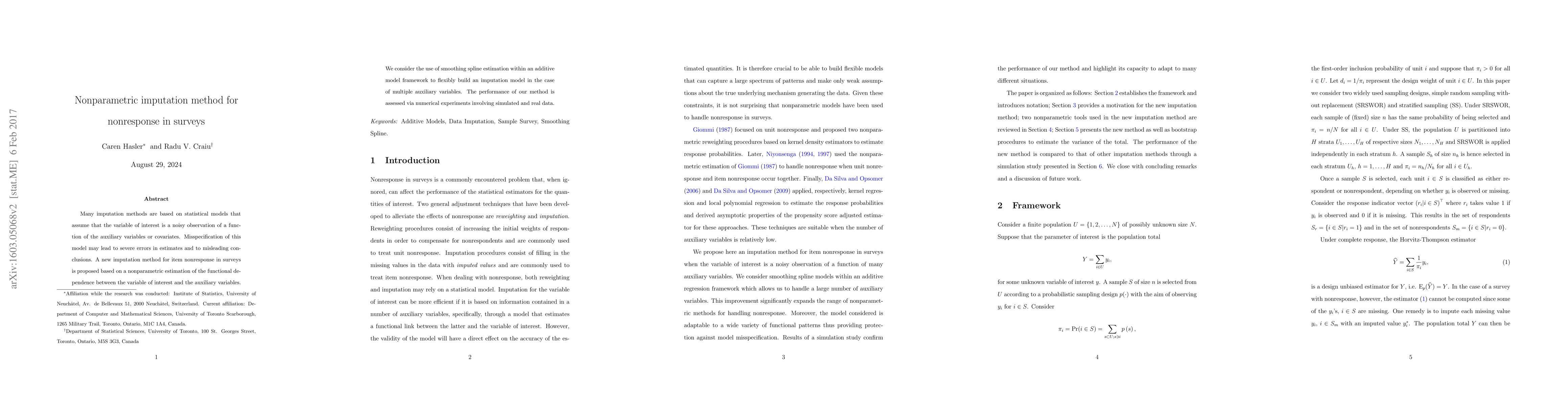 Thumbnail for Nonparametric imputation method for nonresponse in surveys