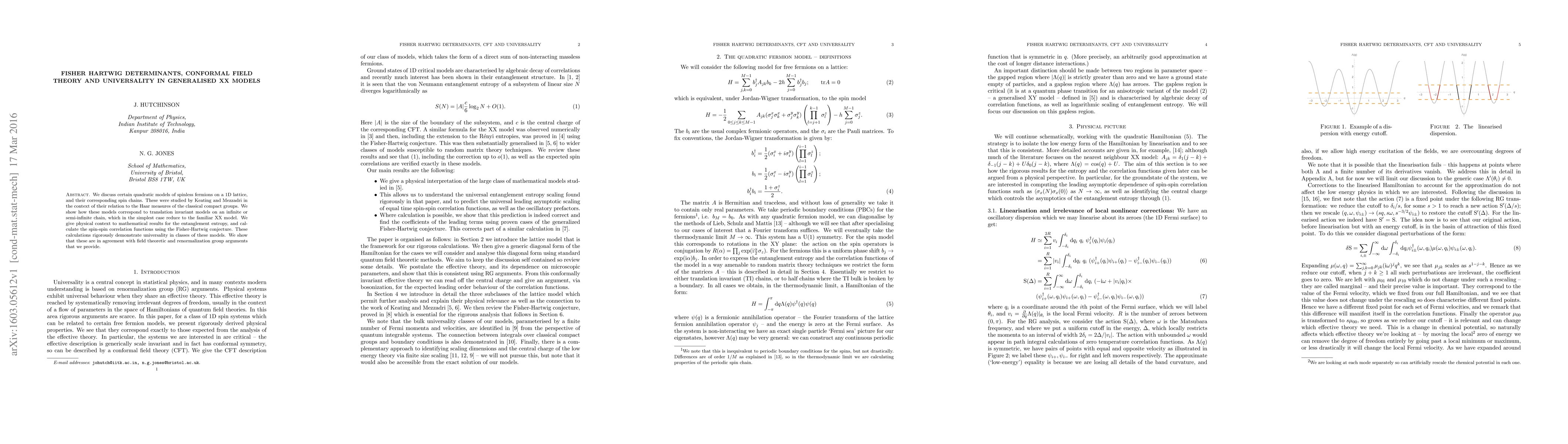 Thumbnail for Fisher Hartwig determinants, conformal field theory and universality in
  generalised XX models