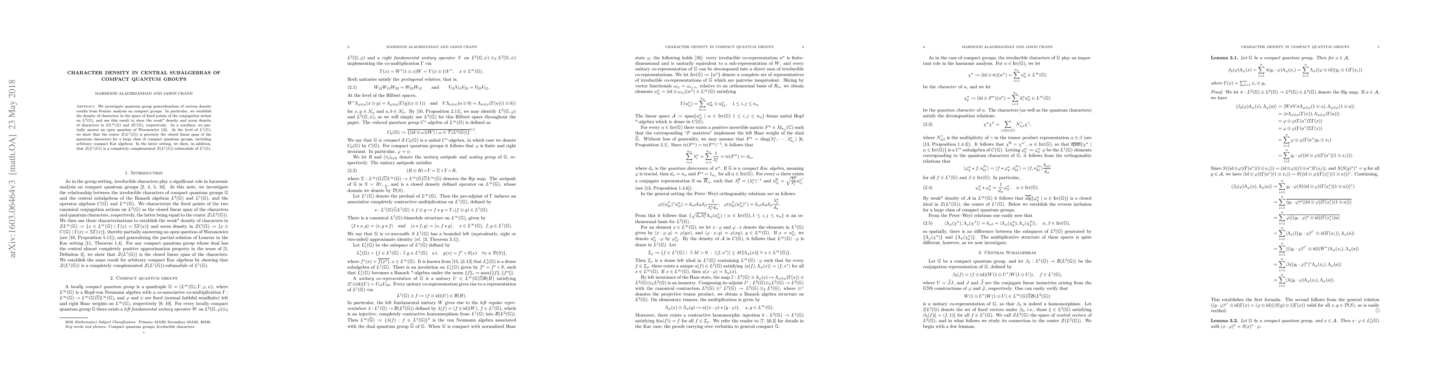 Thumbnail for Character density in central subalgebras of compact quantum groups