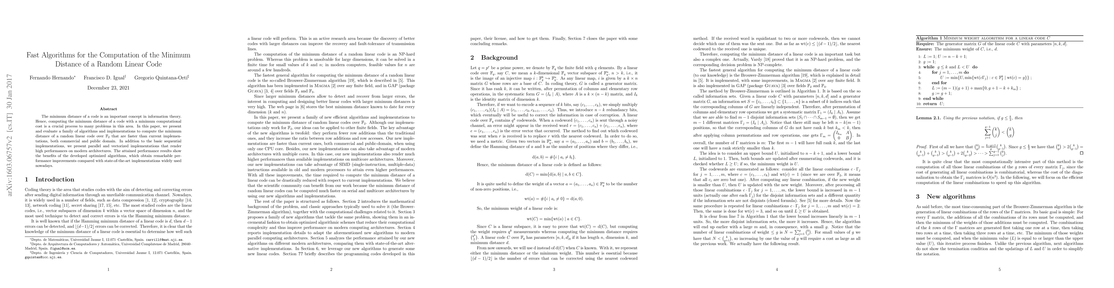 Thumbnail for Fast Algorithms for the Computation of the Minimum Distance of a Random
  Linear Code