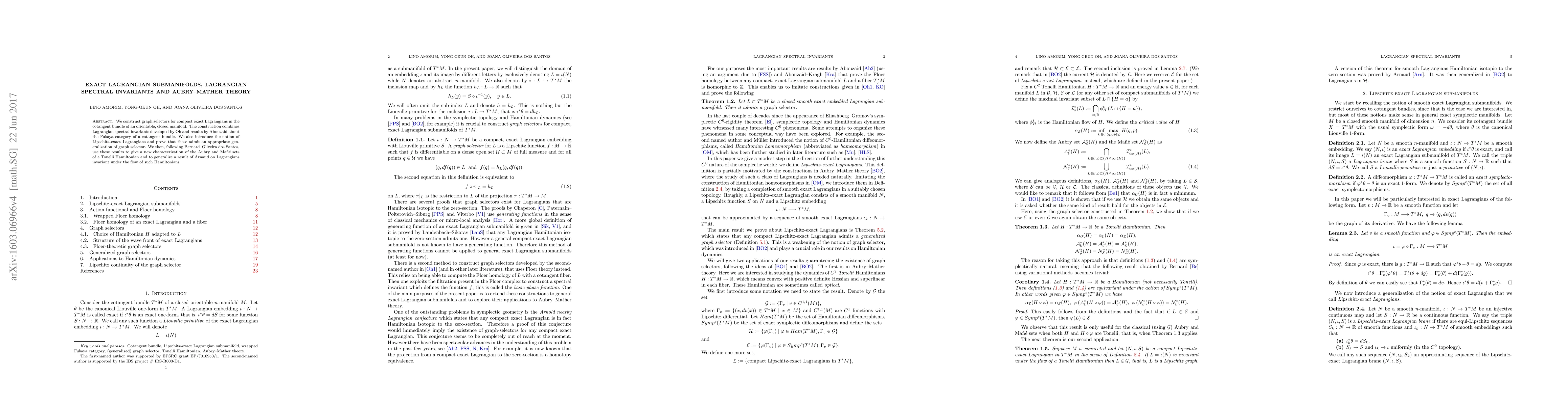 Thumbnail for Exact Lagrangian submanifolds, Lagrangian spectral invariants and
  Aubry-Mather theory