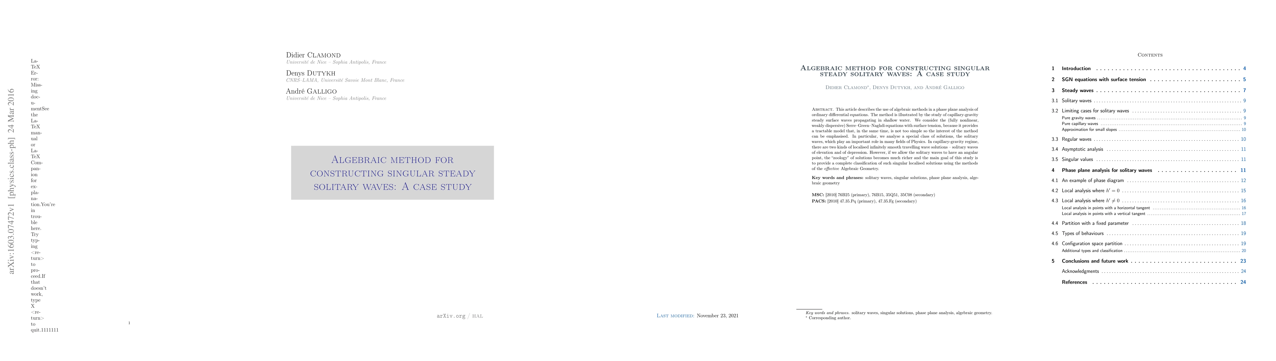 Thumbnail for Algebraic method for constructing singular steady solitary waves: A case
  study