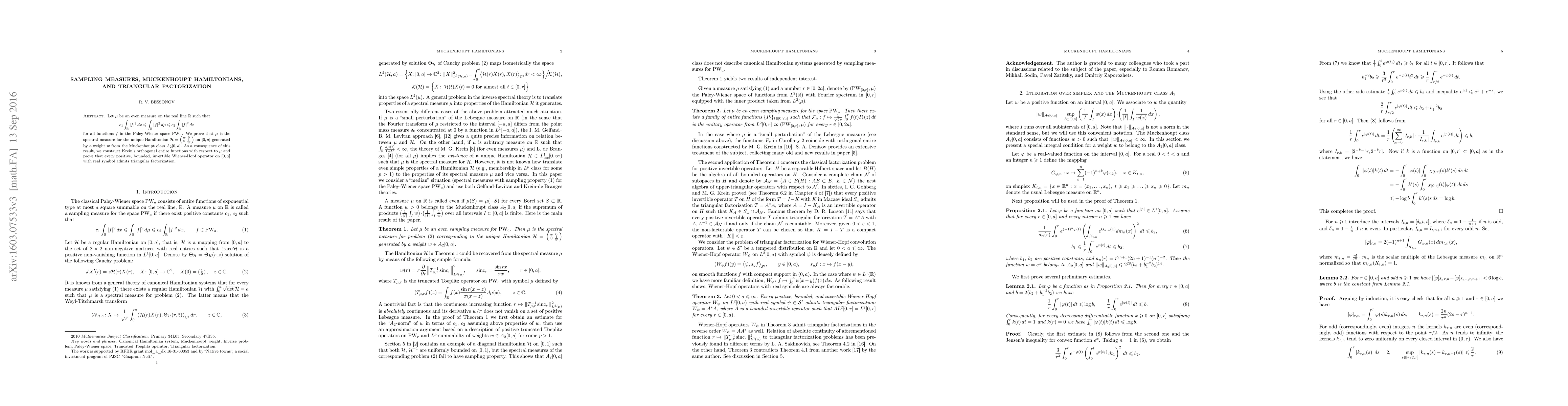 Thumbnail for Sampling measures, Muckenhoupt Hamiltonians, and triangular
  factorization