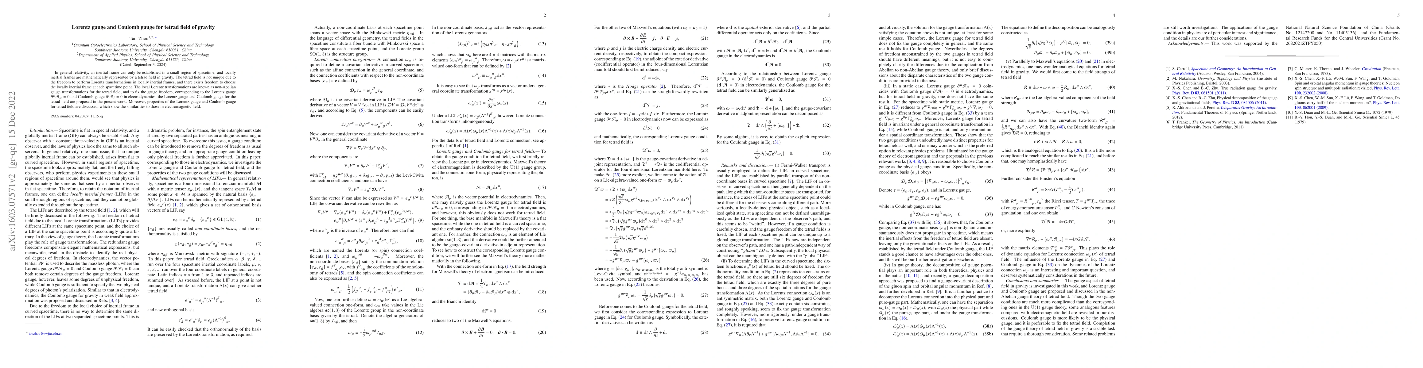Thumbnail for Lorentz gauge and Coulomb gauge for tetrad field of gravity