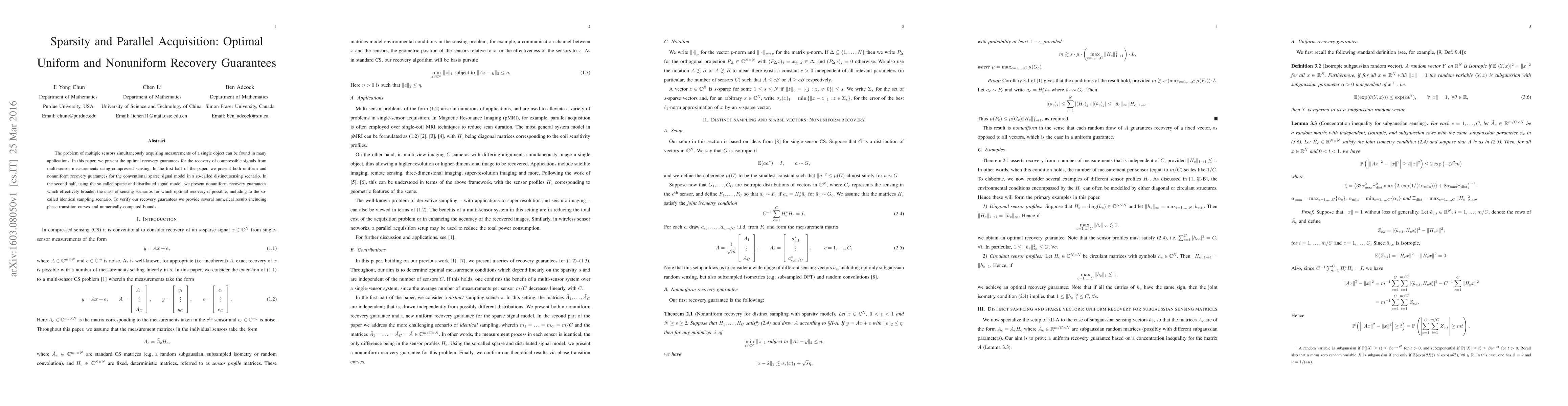 Thumbnail for Sparsity and Parallel Acquisition: Optimal Uniform and Nonuniform
  Recovery Guarantees