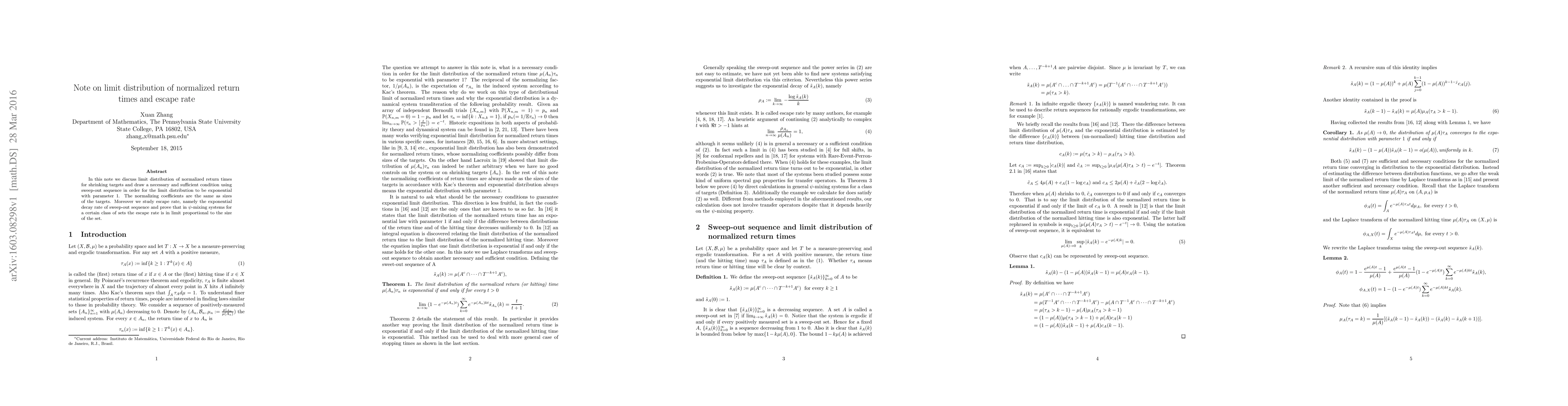 Thumbnail for Note on limit distribution of normalized return times and escape rate