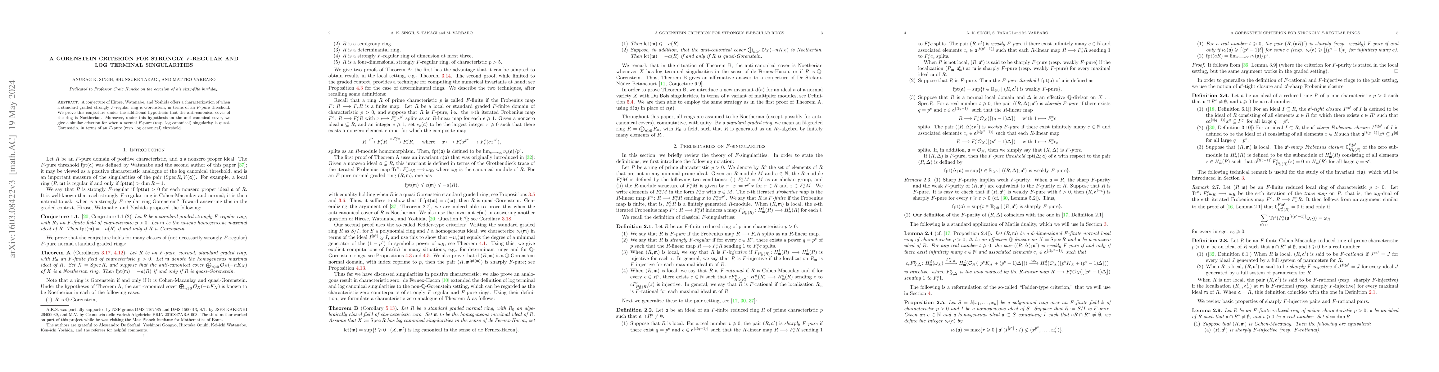 Thumbnail for A Gorenstein criterion for strongly $F$-regular and log terminal
  singularities