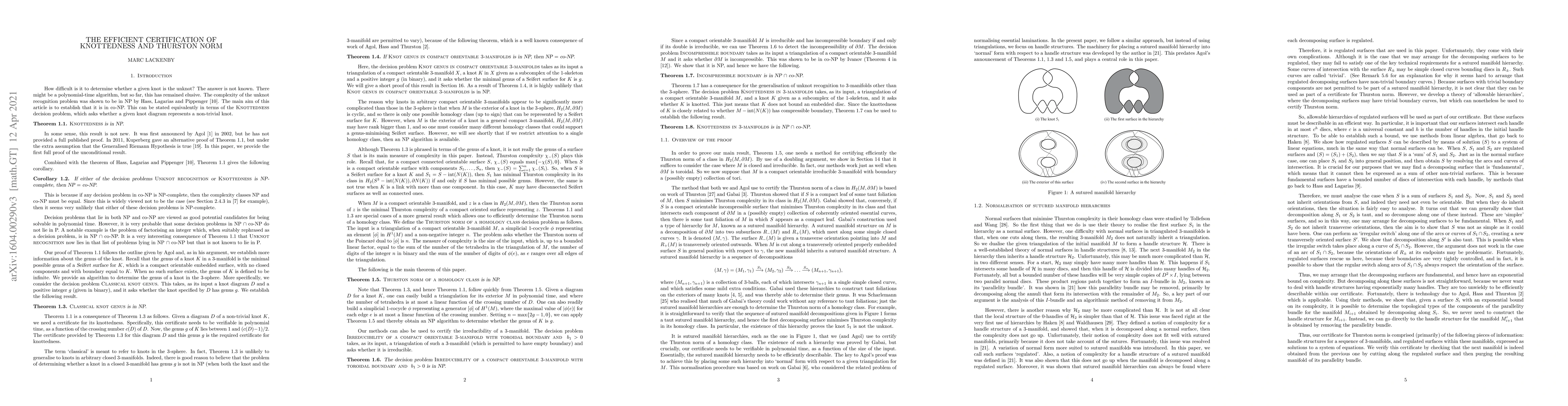 Thumbnail for The efficient certification of knottedness and Thurston norm