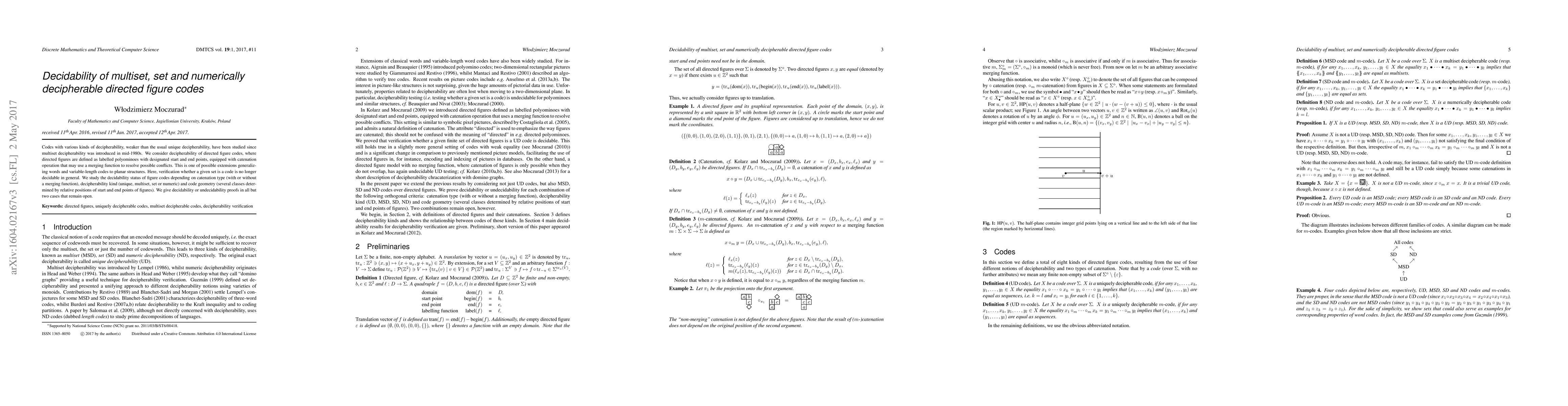 Thumbnail for Decidability of multiset, set and numerically decipherable directed
  figure codes