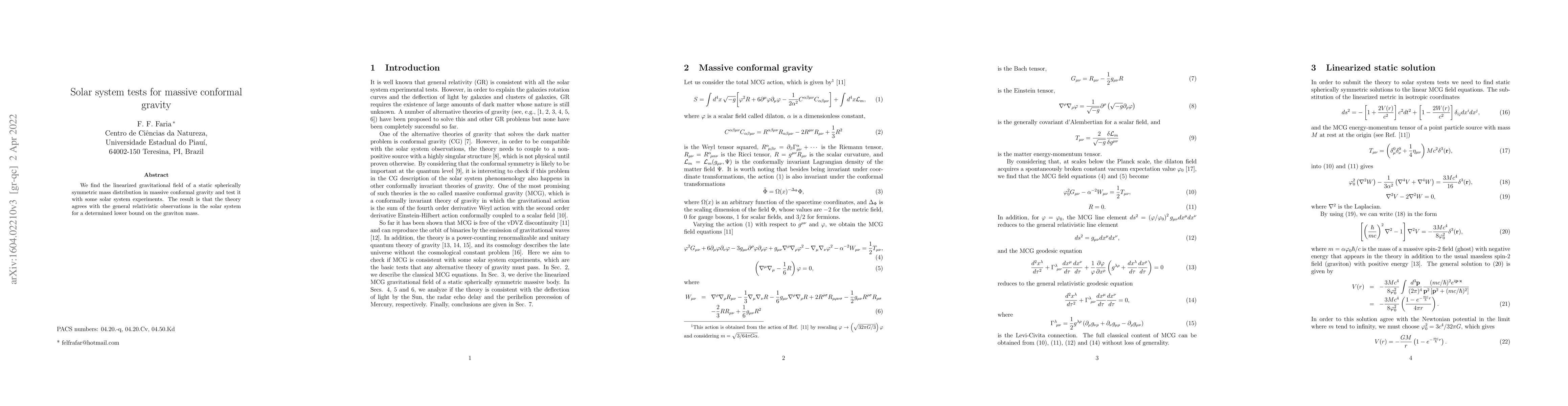 Thumbnail for Solar system tests for massive conformal gravity