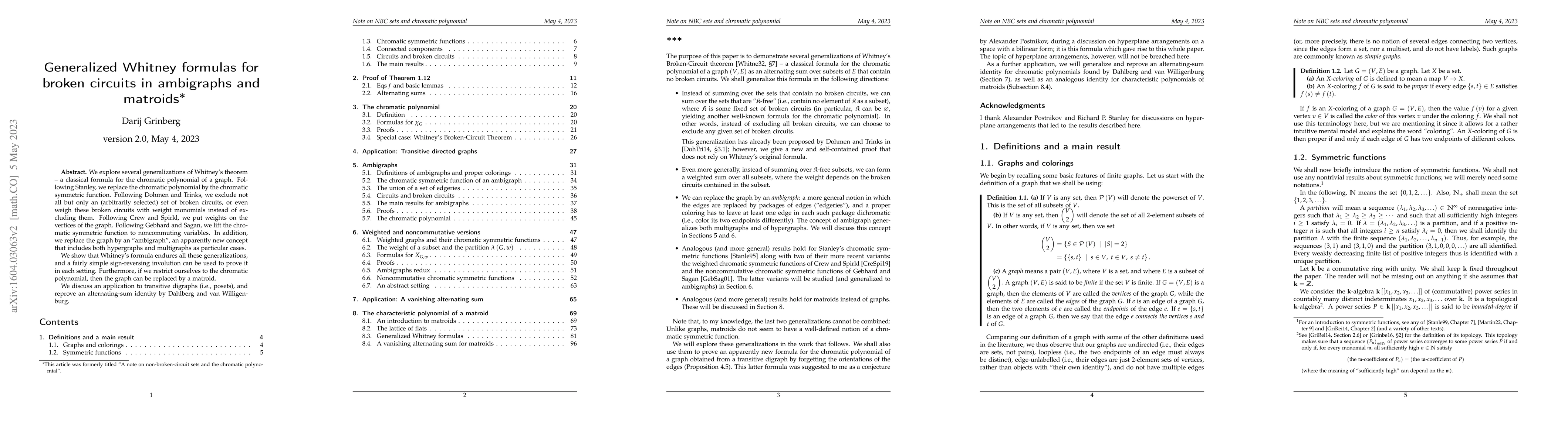 Thumbnail for Generalized Whitney formulas for broken circuits in ambigraphs and
  matroids