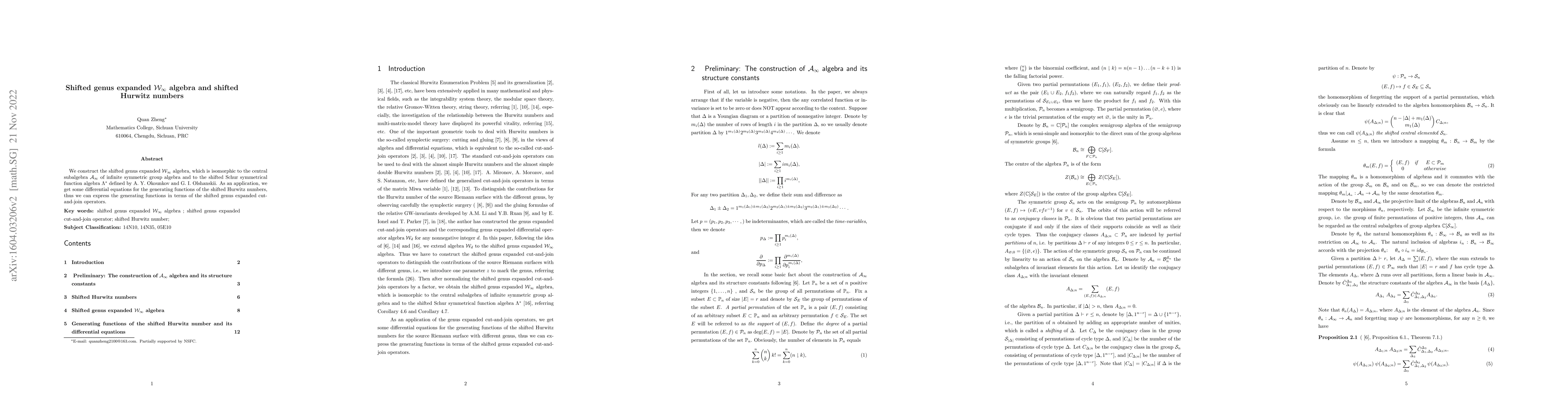 Thumbnail for Shifted genus expanded $\cal{W}_{\infty}$ algebra and shifted Hurwtiz
  numbers