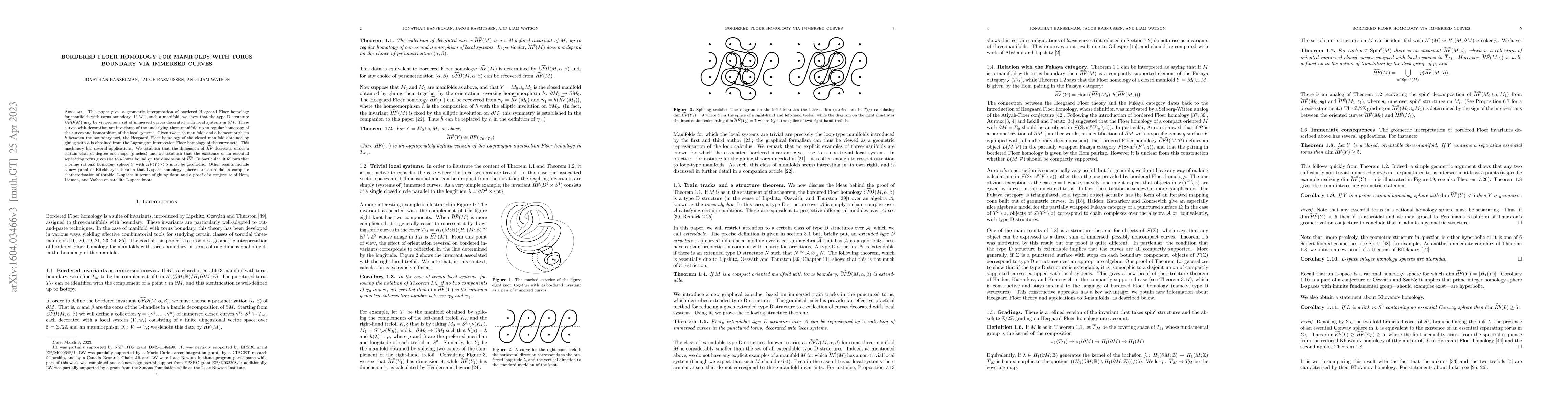 Thumbnail for Bordered Floer homology for manifolds with torus boundary via immersed
  curves