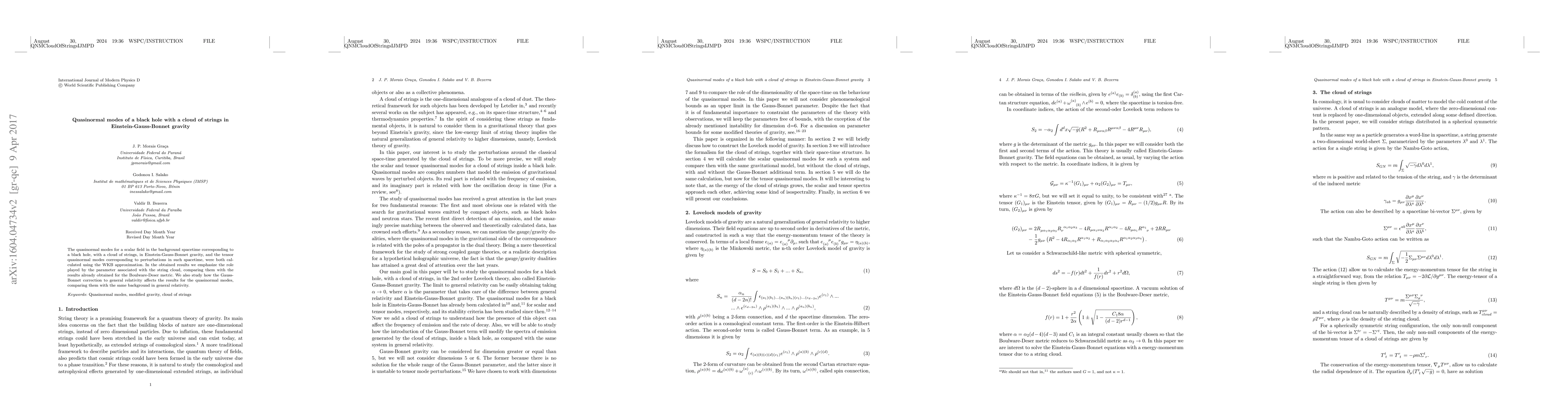 Thumbnail for Quasinormal modes of a black hole with a cloud of strings in
  Einstein-Gauss-Bonnet gravity