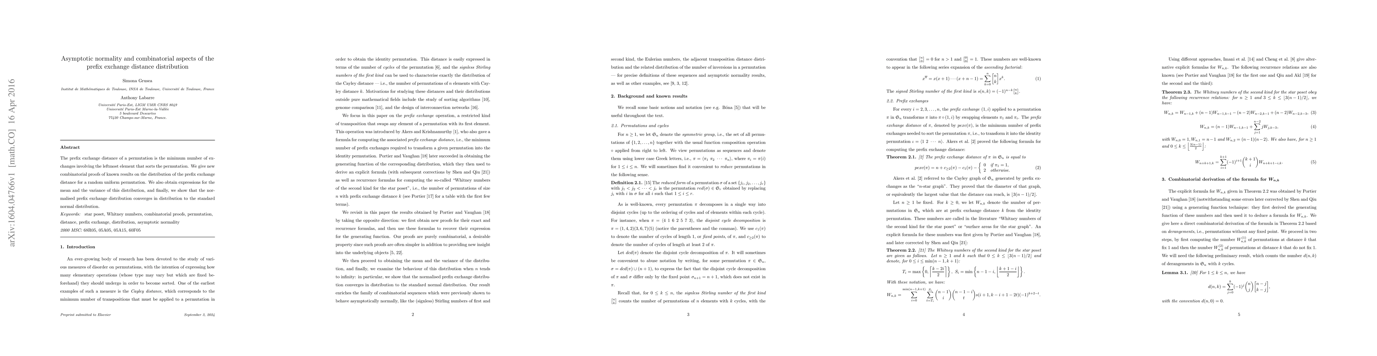 Thumbnail for Asymptotic normality and combinatorial aspects of the prefix exchange
  distance distribution