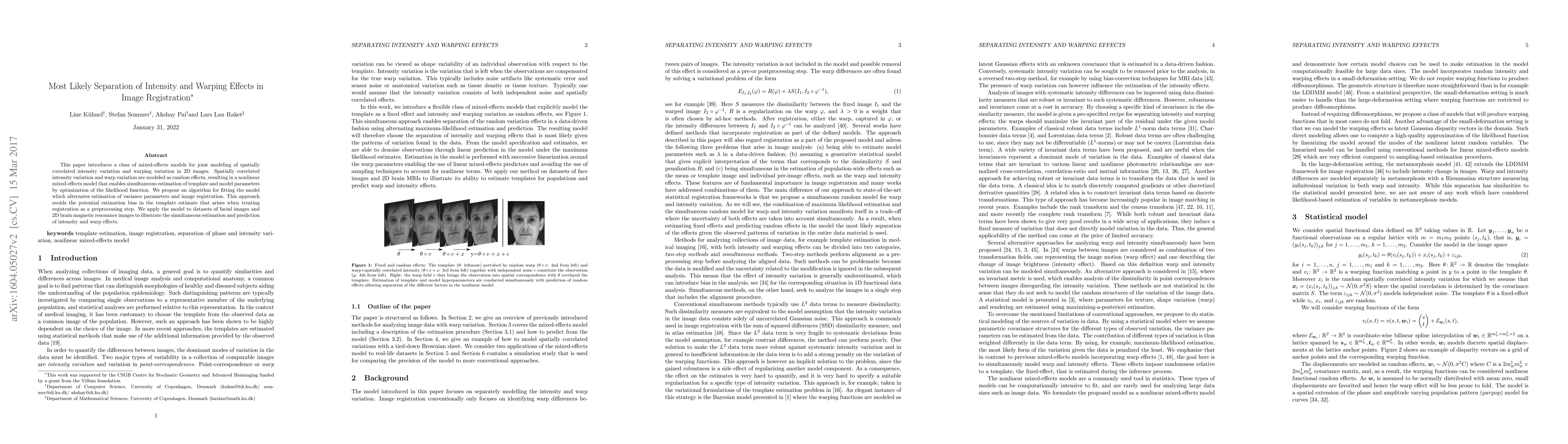 Thumbnail for Most Likely Separation of Intensity and Warping Effects in Image
  Registration