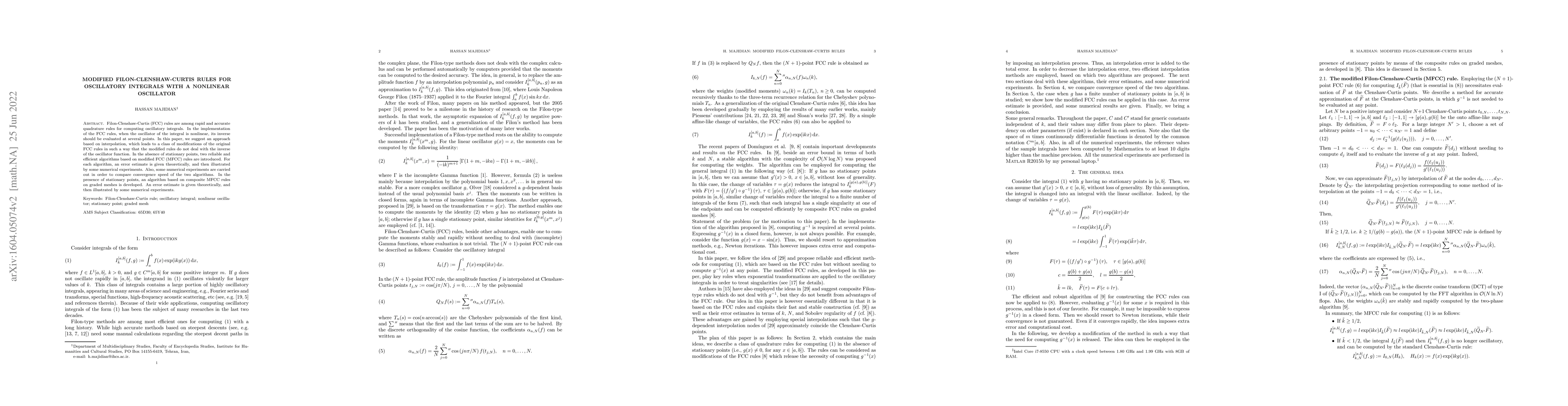 Thumbnail for Modified Filon-Clenshaw-Curtis rules for oscillatory integrals with a
  nonlinear oscillator