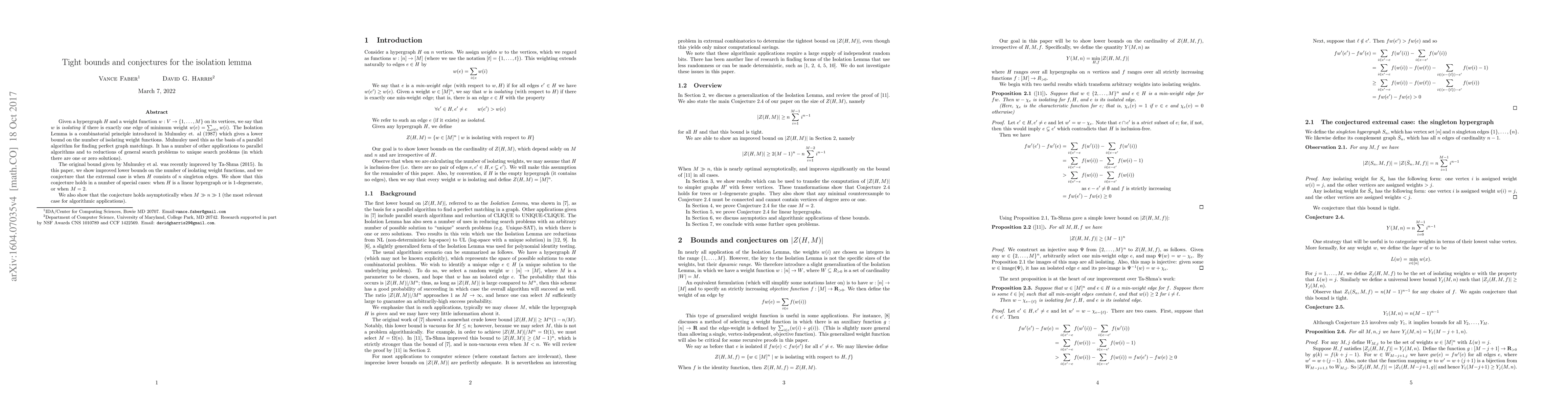 Thumbnail for Tight bounds and conjectures for the isolation lemma