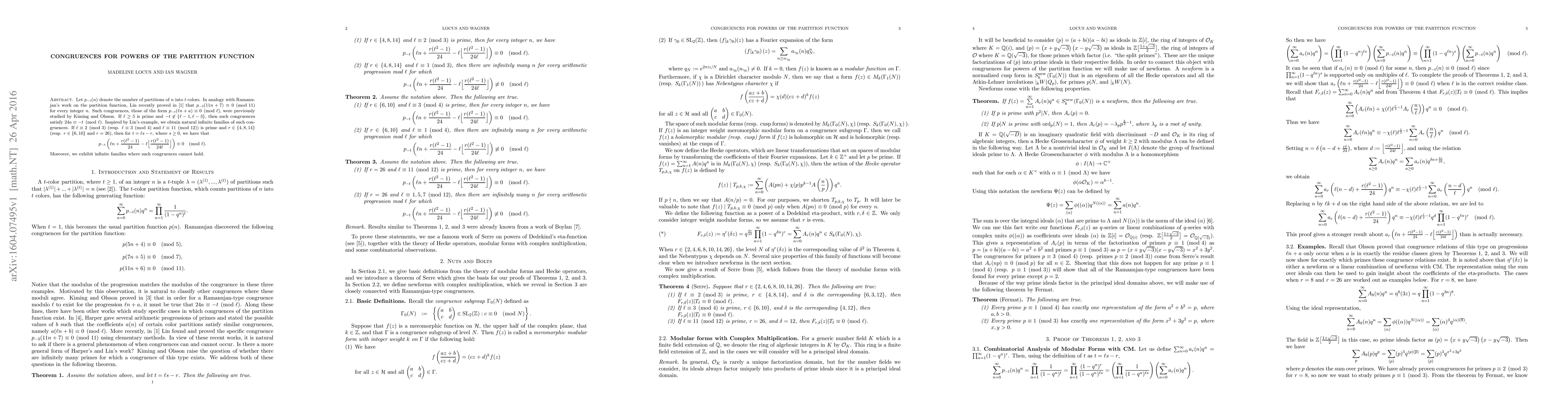 Thumbnail for Congruences for powers of the partition function