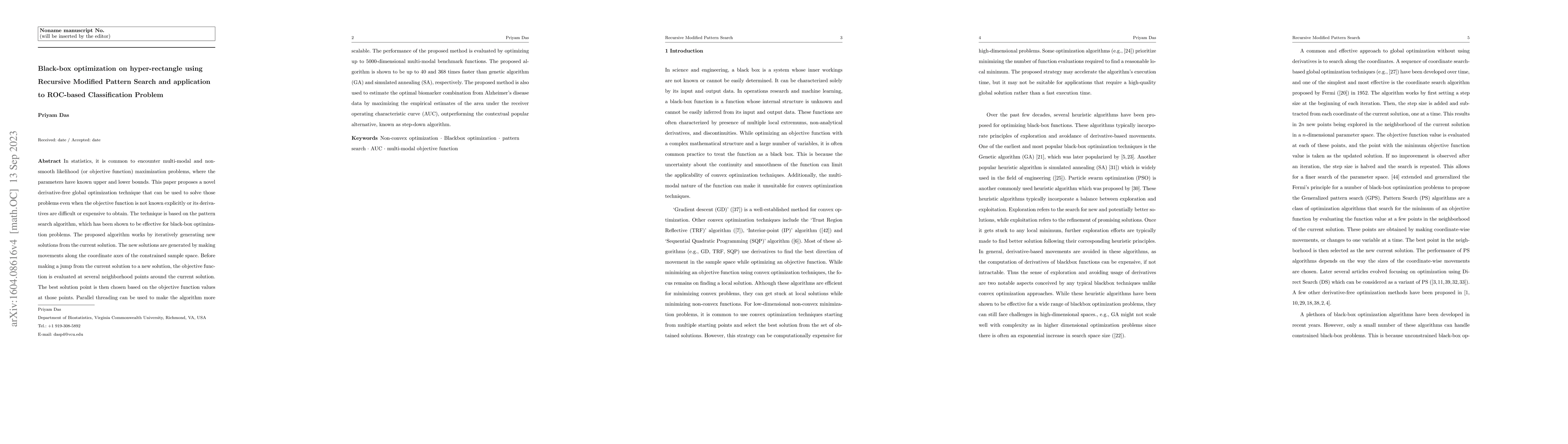Thumbnail for Black-box optimization on hyper-rectangle using Recursive Modified
  Pattern Search and application to ROC-based Classification Problem