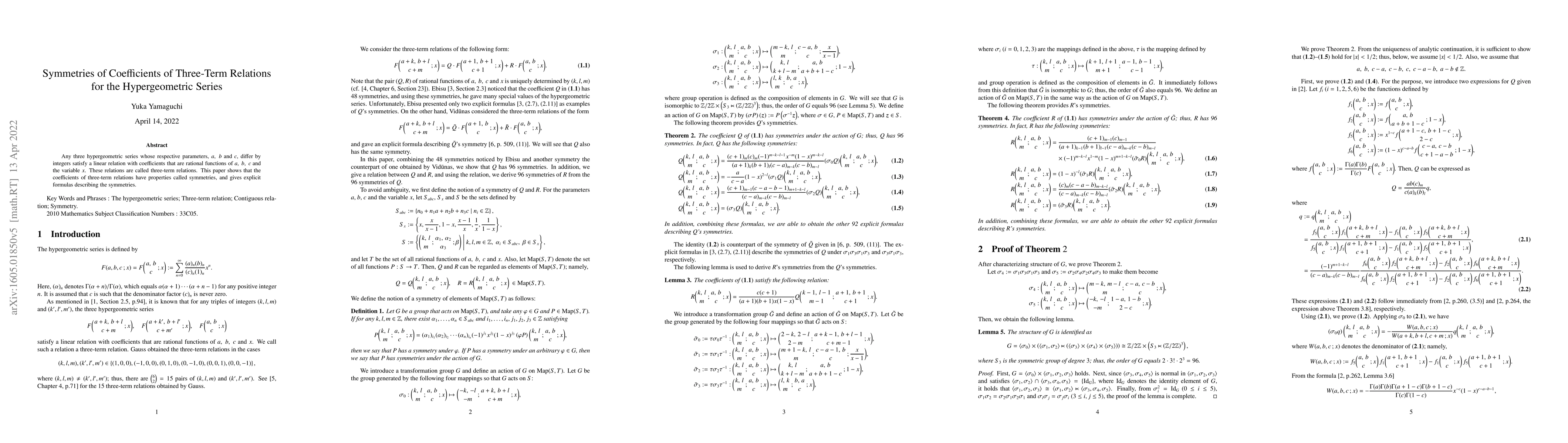 Thumbnail for Symmetries of Coefficients of Three-Term Relations for the
  Hypergeometric Series