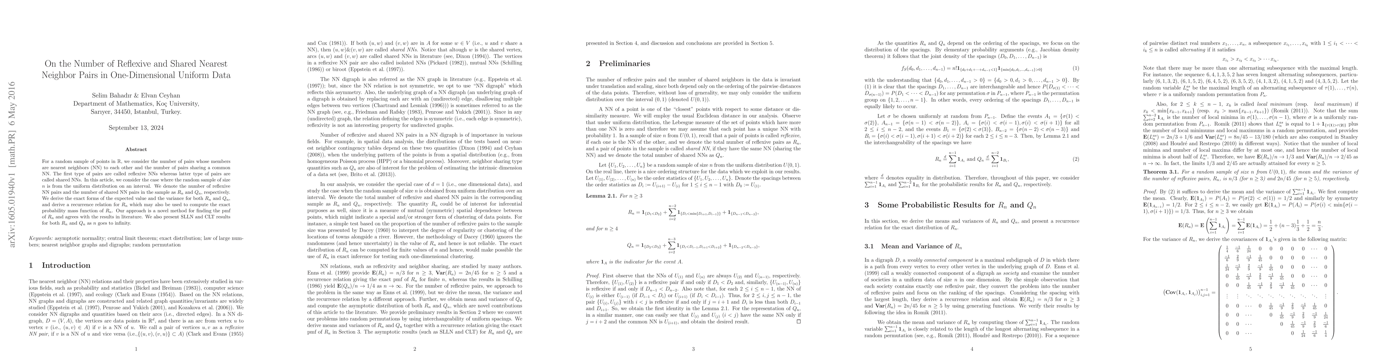 Thumbnail for On the Number of Reflexive and Shared Nearest Neighbor Pairs in
  One-Dimensional Uniform Data