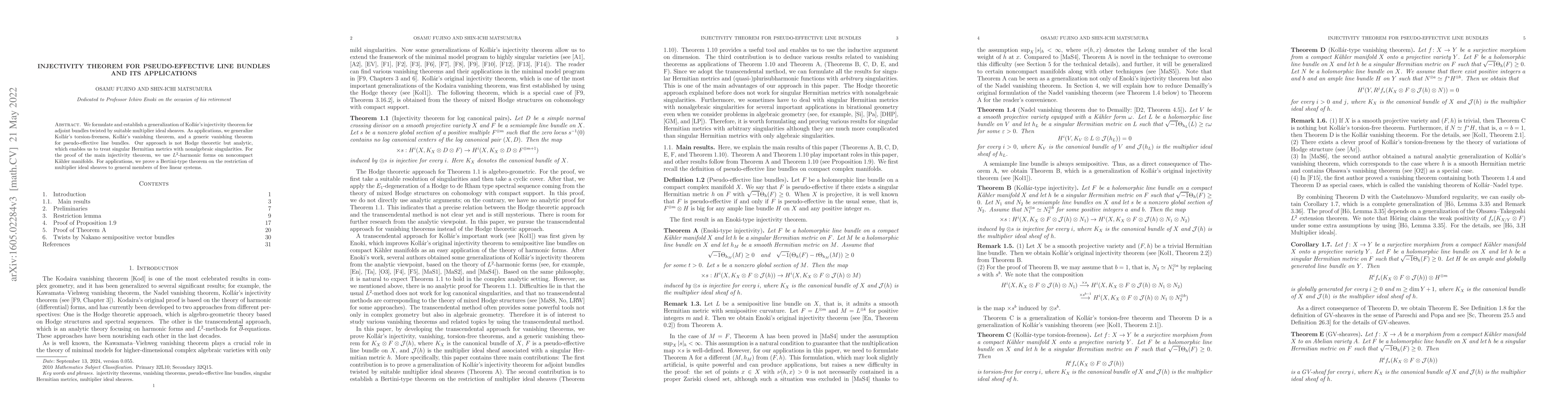Thumbnail for Injectivity theorem for pseudo-effective line bundles and its
  applications