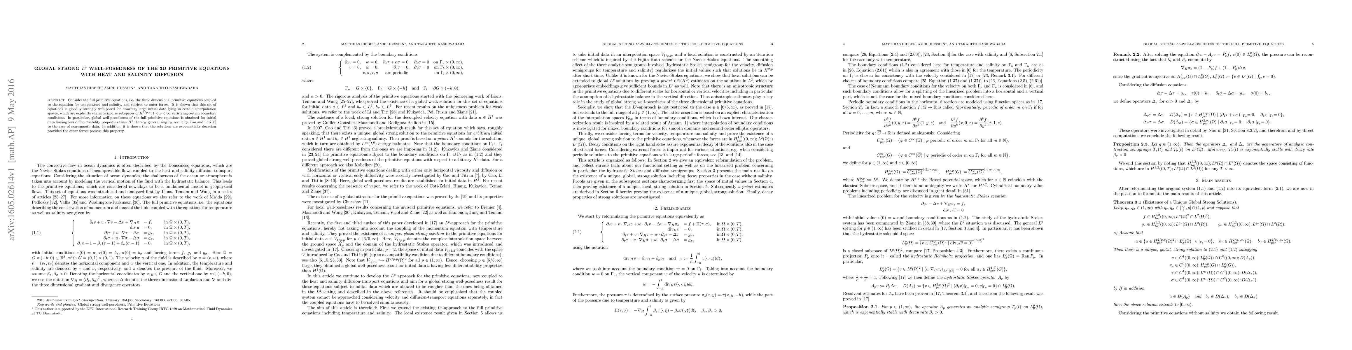 Thumbnail for Global Strong $L^p$ Well-Posedness of the 3D Primitive Equations with
  Heat and Salinity Diffusion