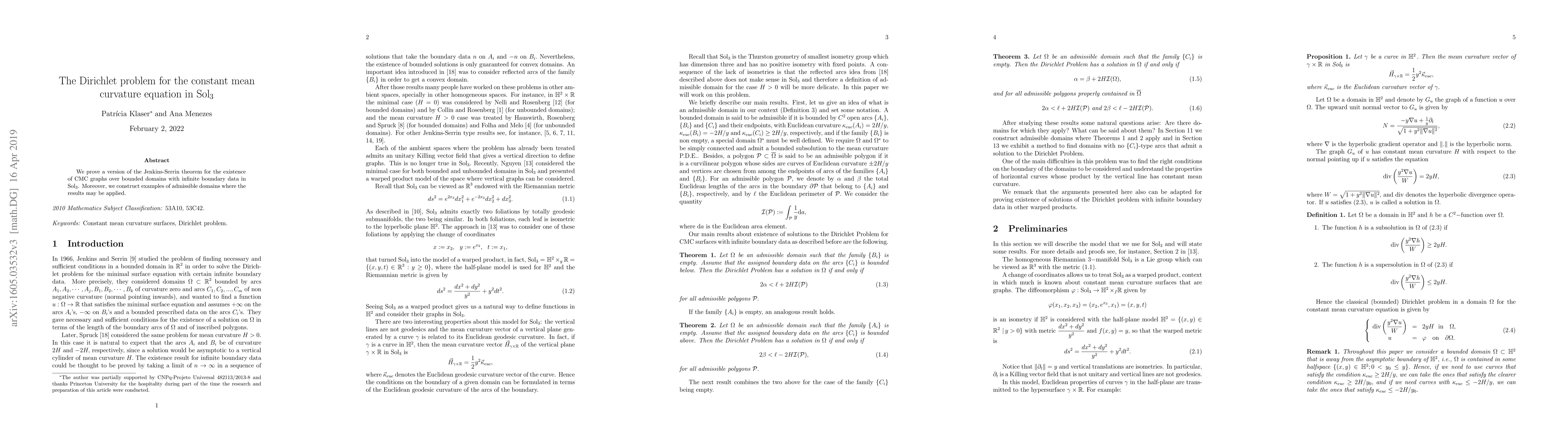 Thumbnail for The Dirichlet problem for the constant mean curvature equation in Sol_3