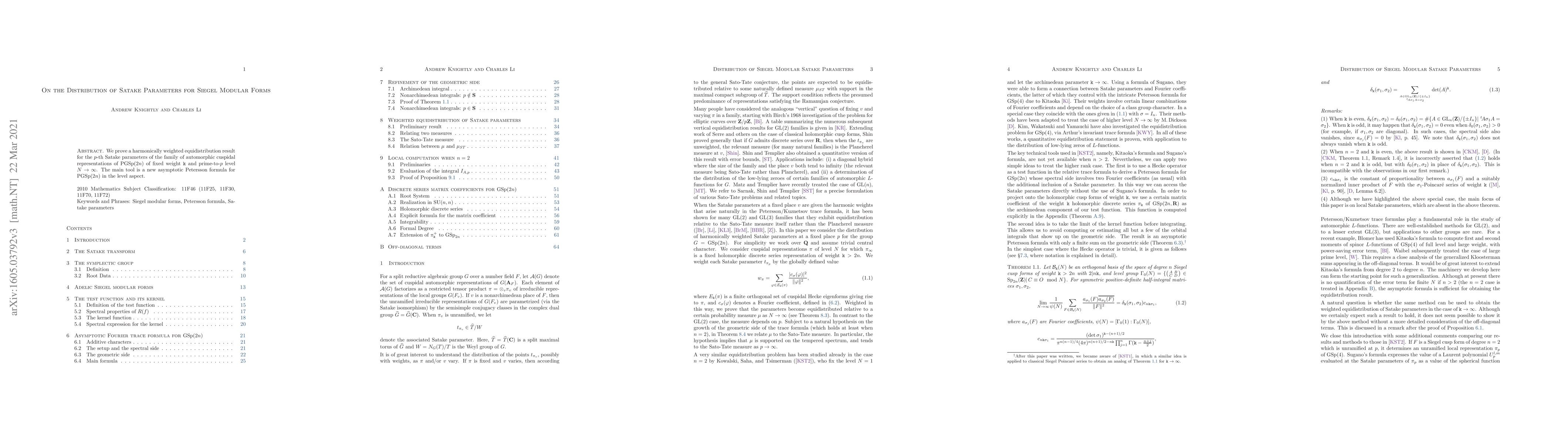 Thumbnail for On the distribution of Satake parameters for Siegel modular forms