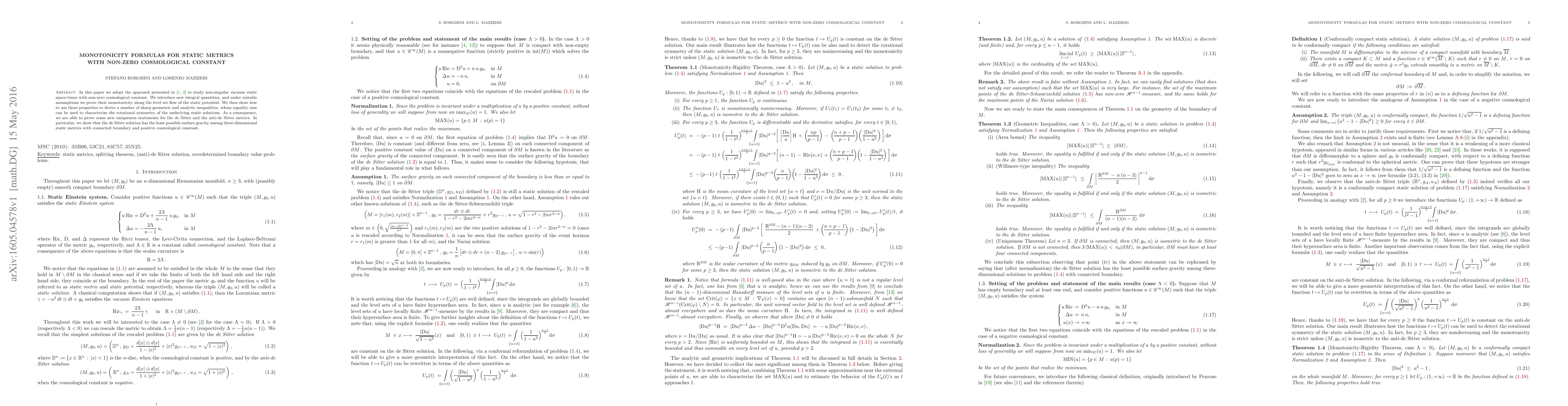 Thumbnail for Monotonicity formulas for static metrics with non-zero cosmological
  constant