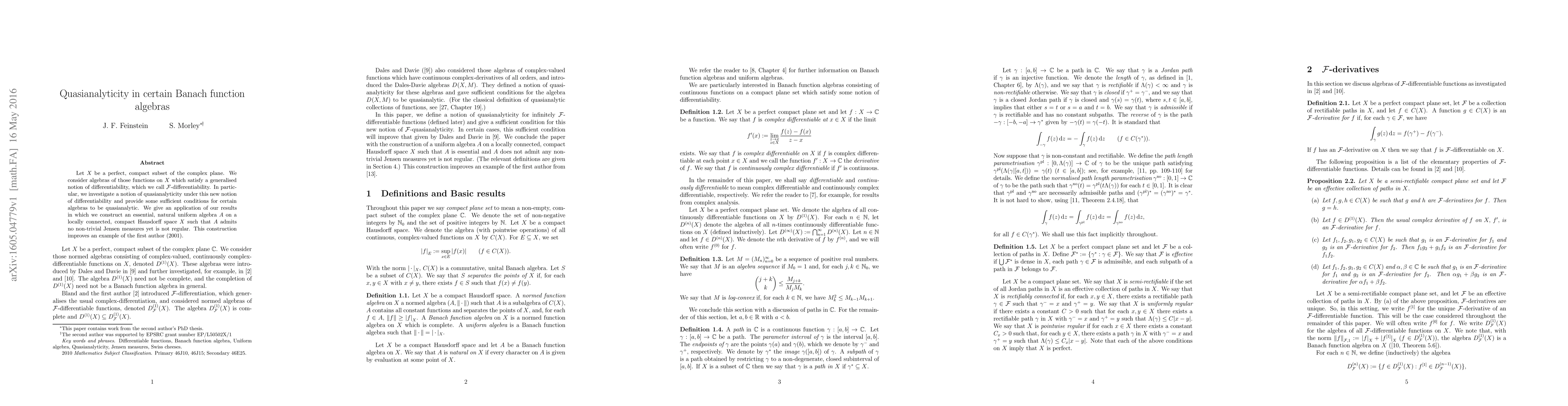 Thumbnail for Quasianalyticity in certain Banach function algebras