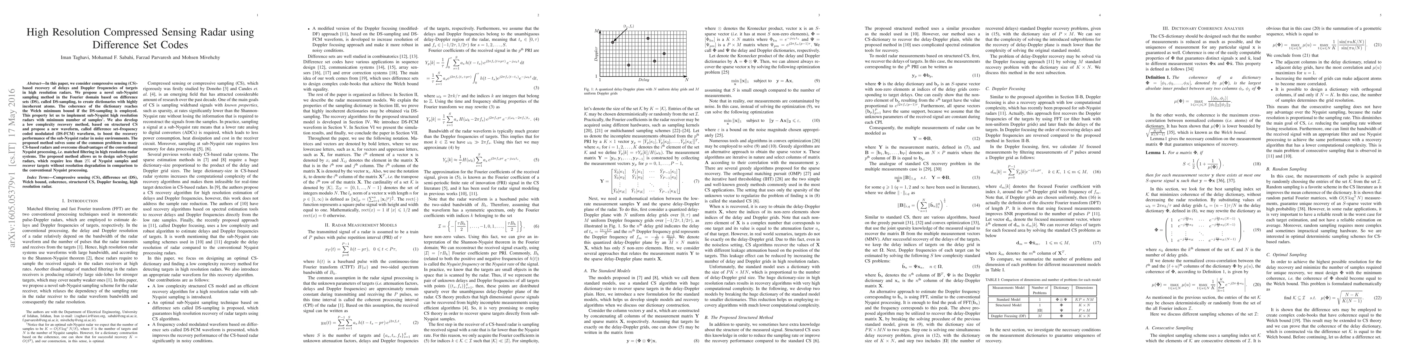 Thumbnail for High Resolution Compressed Sensing Radar using Difference Set Codes