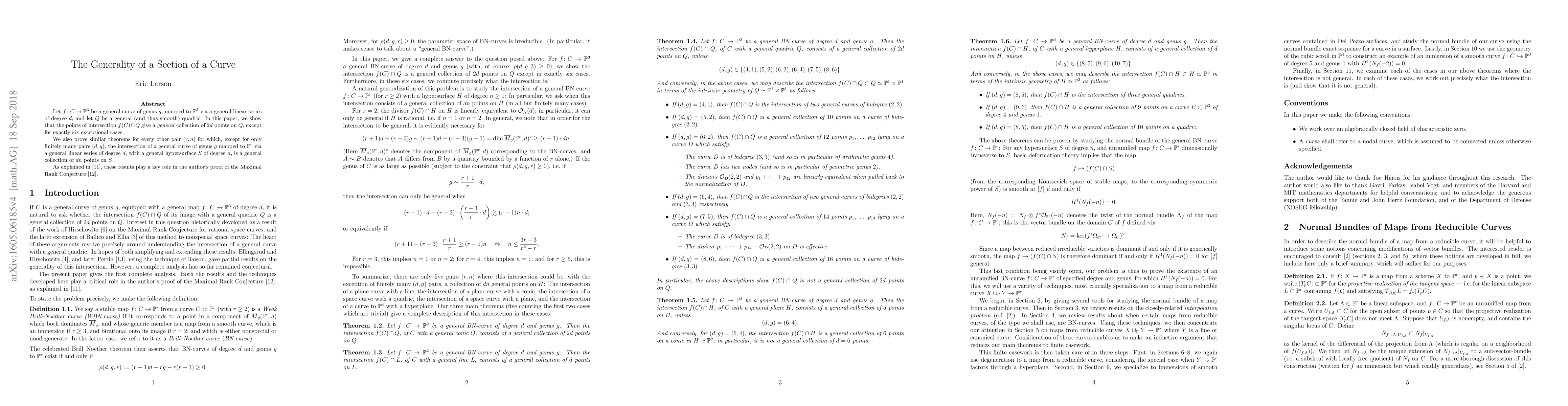 Thumbnail for The Generality of a Section of a Curve
