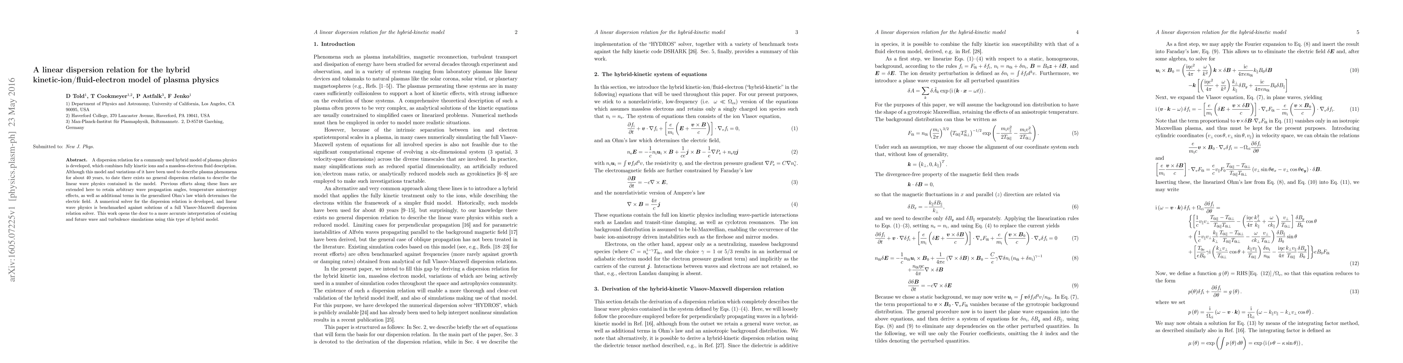 Thumbnail for A linear dispersion relation for the hybrid kinetic-ion/fluid-electron
  model of plasma physics