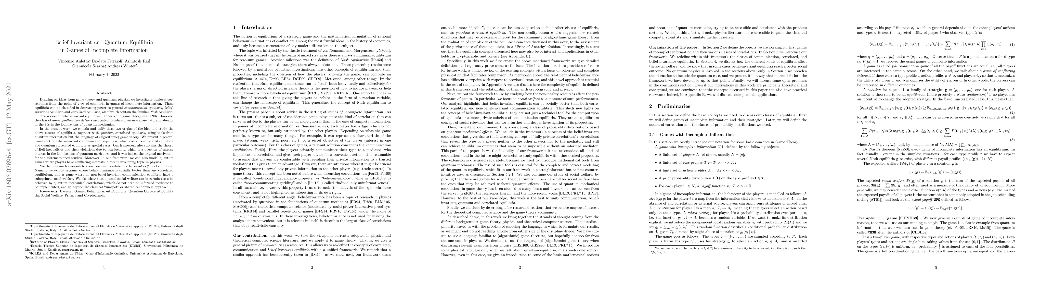 Thumbnail for Belief-Invariant and Quantum Equilibria in Games of Incomplete
  Information