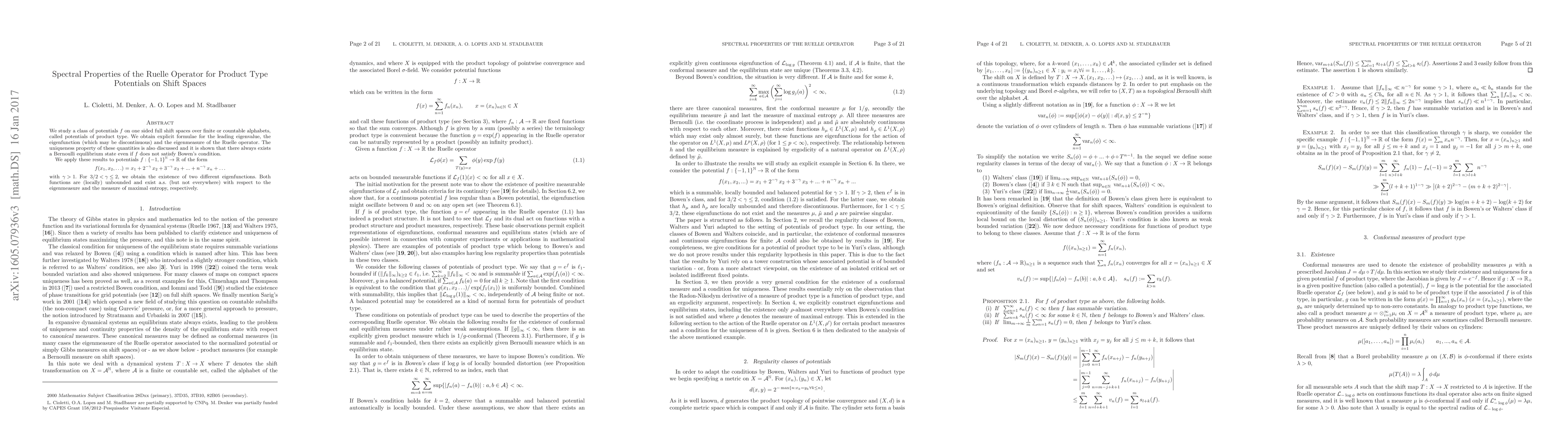 Thumbnail for Spectral Properties of the Ruelle Operator for Product Type Potentials
  on Shift Spaces