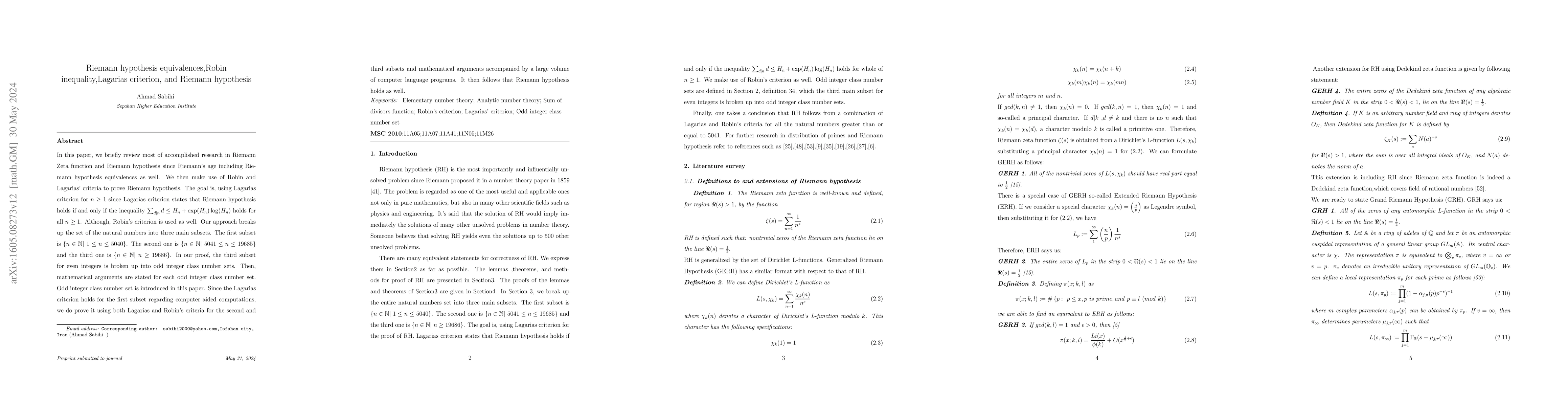 Thumbnail for Riemann hypothesis equivalences, Robin inequality, Lagarias criterion,
  and Riemann hypothesis
