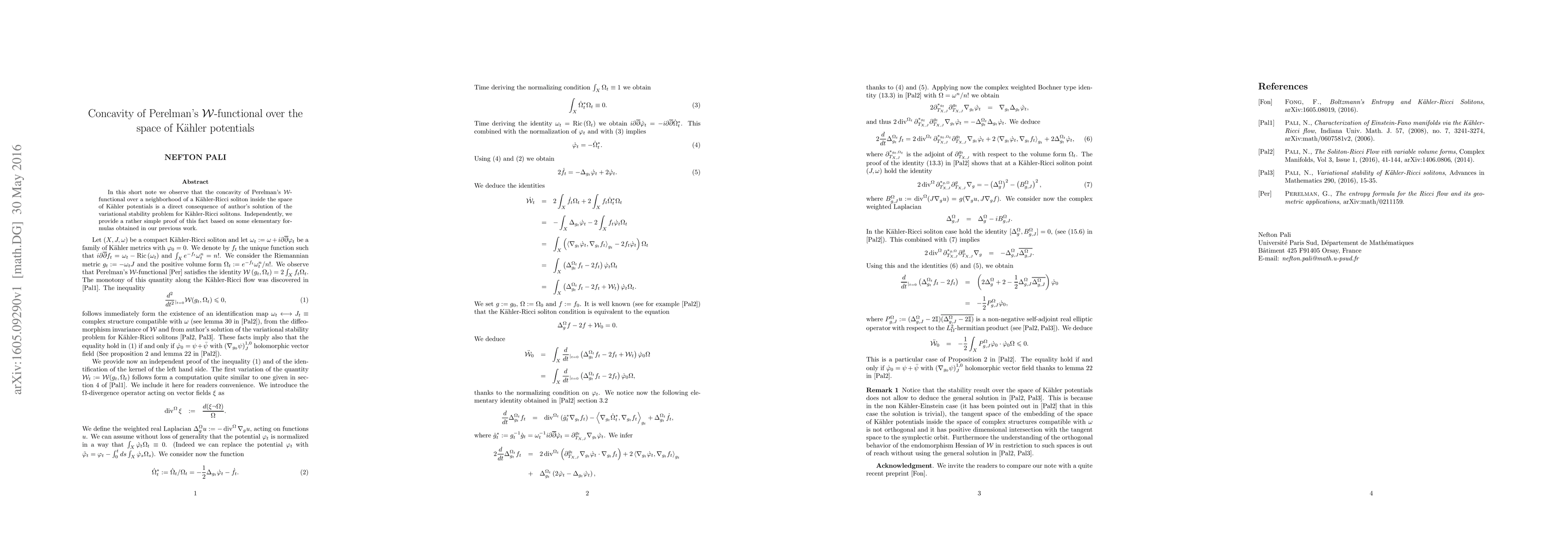 Thumbnail for Concavity of Perelman's $\mathcal{W}$-functional over the space of
  K\"ahler potentials