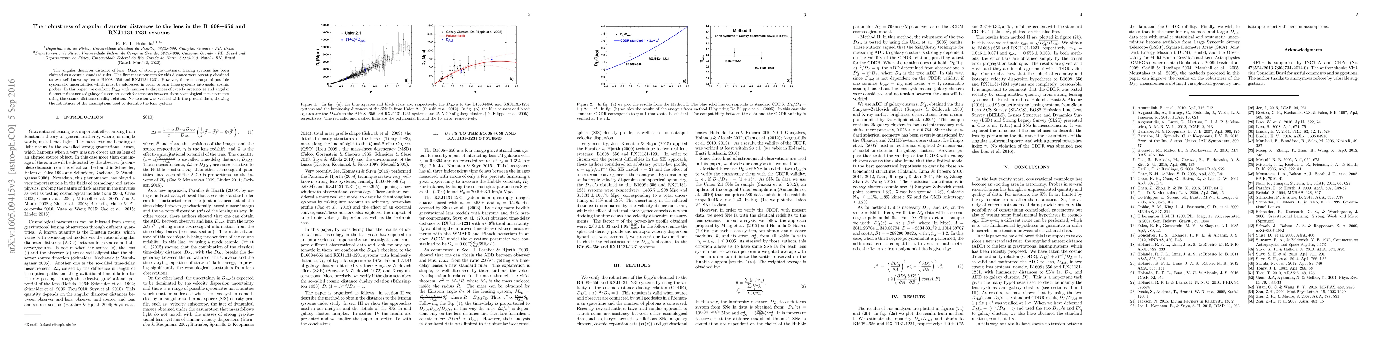 Thumbnail for The robustness of angular diameter distances to the lens in the
  B1608+656 and RXJ1131-1231 systems
